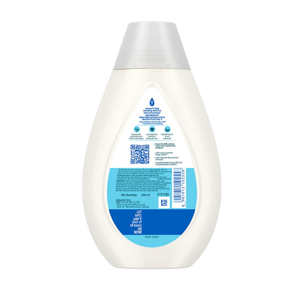 Johnson's Baby Milk & Rice Wash & Shampoo 200ml | 2-in-1 Baby Cleanser | No More Tears | With Milk Protein, Rice Extracts & Multivitamins | Hypoallergenic, pH Balanced | No Parabens, Sulphates or Dyes