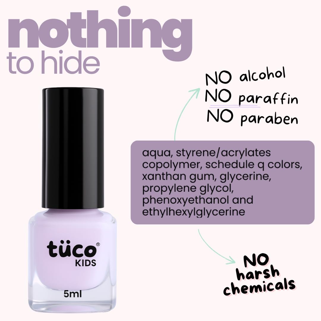 TüUÜo Kids nail polish bottle with safety information on a white background