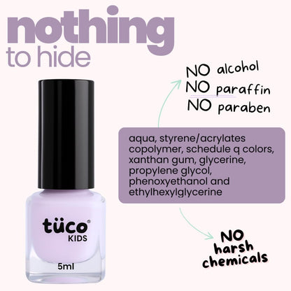 TüUÜo Kids nail polish bottle with safety information on a white background
