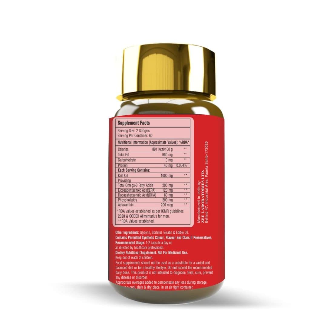 Supplement bottle with red label and gold cap on a white background