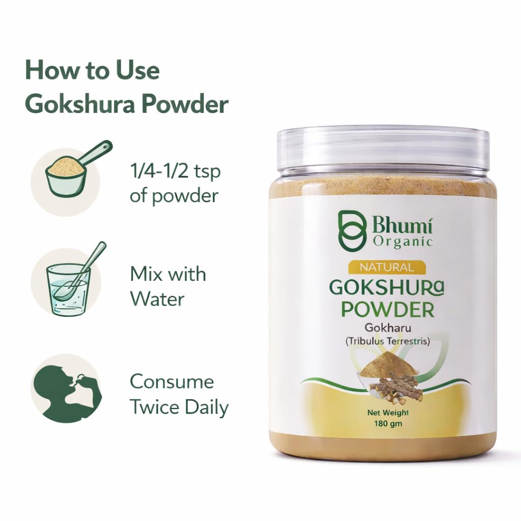 Bhumi Organic Gokshura Powder jar with usage instructions on a white background