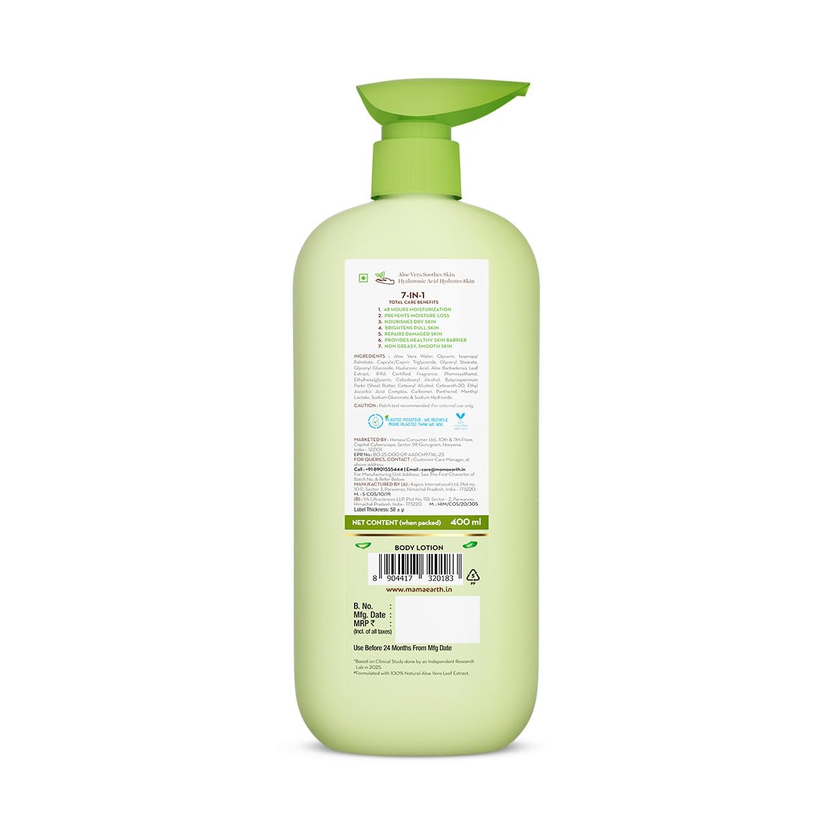 Mamaearth Aloe Refresh Hydrating Body Lotion with Aloe Vera & HA for Soft Soothed Skin 400ml | 48H Moisturization in Summer| 100% Natural Aloe Vera| Lightweight, Non-Sticky Smooth Skin| All Skin Types