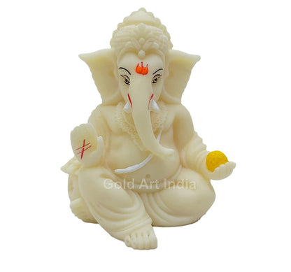 Gold Art India Ivory Finish Gaddi Ganesh Idol for Car Dashboard Small Ganesha Murti Ganpati Idol for Home Decor Puja Lord Ganesh Statue Gift for Office Desk Puja Room Figurine