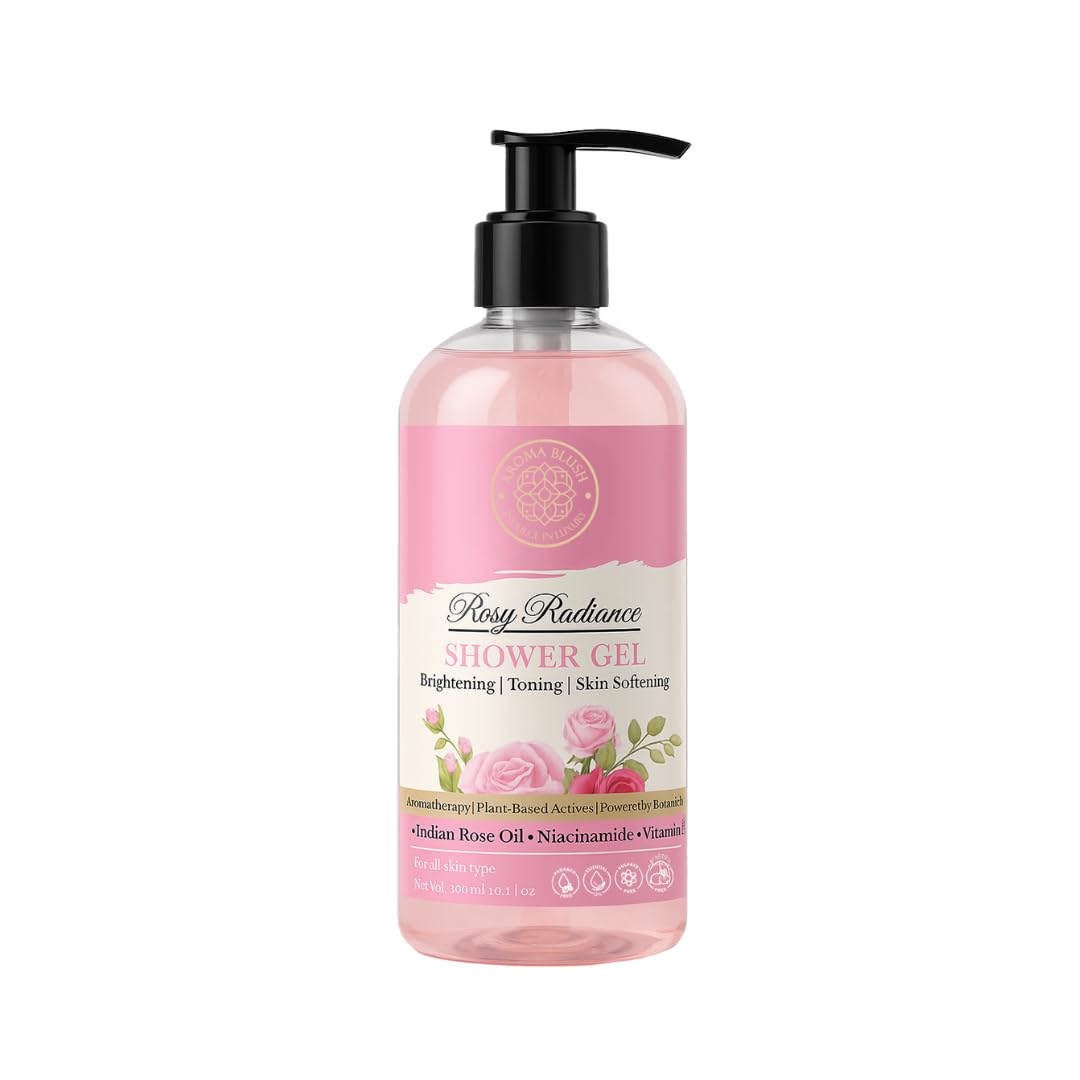 Bottle of Rosy Radiance shower gel with a pink label on a white background