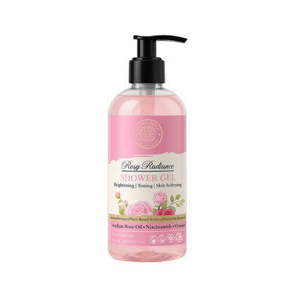 Bottle of Rosy Radiance shower gel with a pink label on a white background
