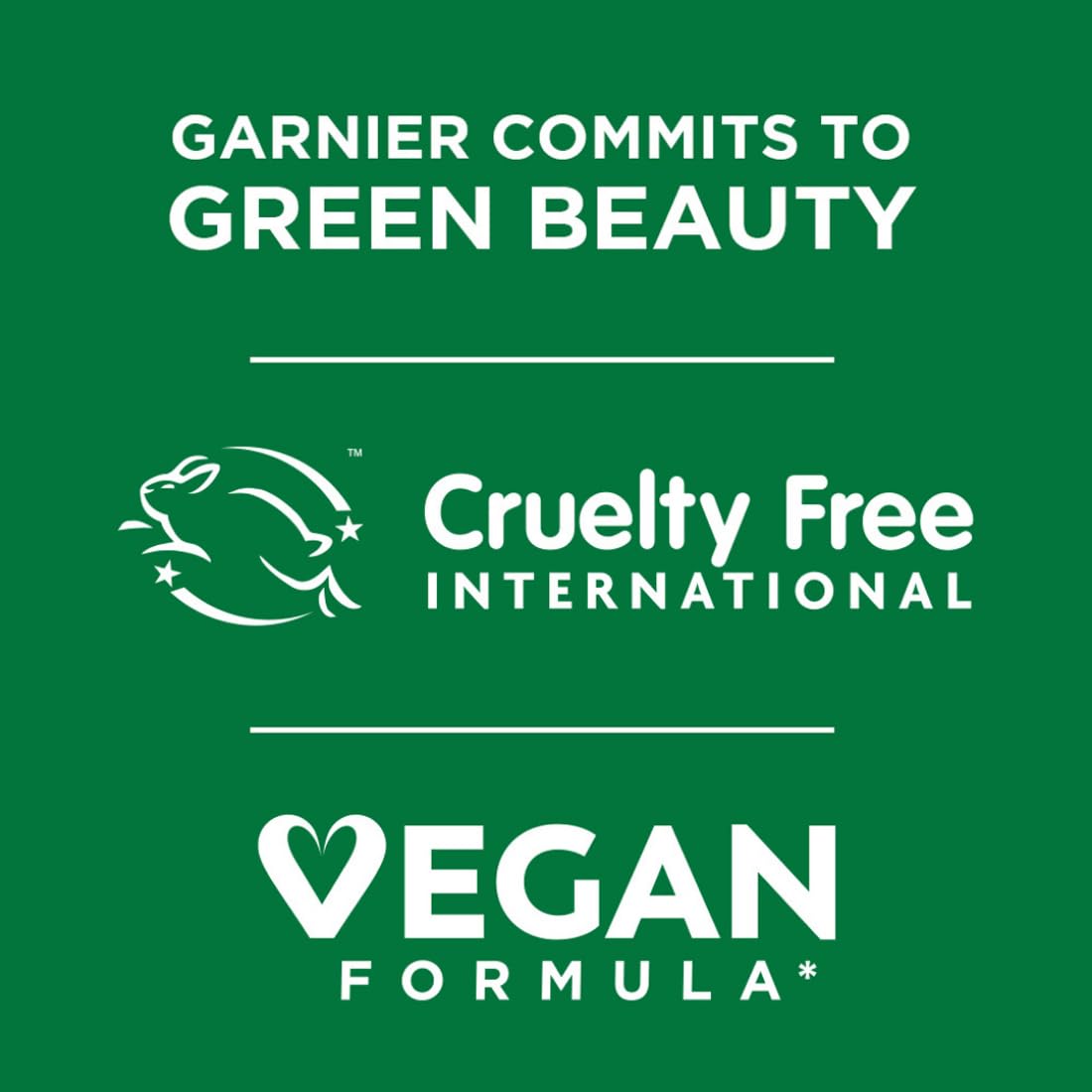 Garnier's commitment to green beauty with cruelty-free and vegan formula logos on a green background.