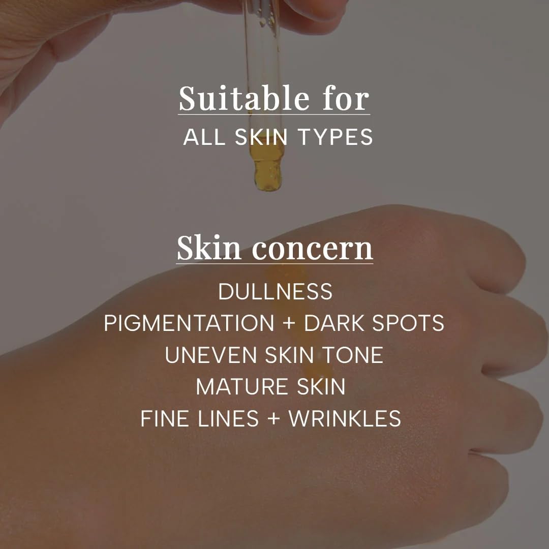 Hand holding a dropper with text about skin care benefits on a blurred background
