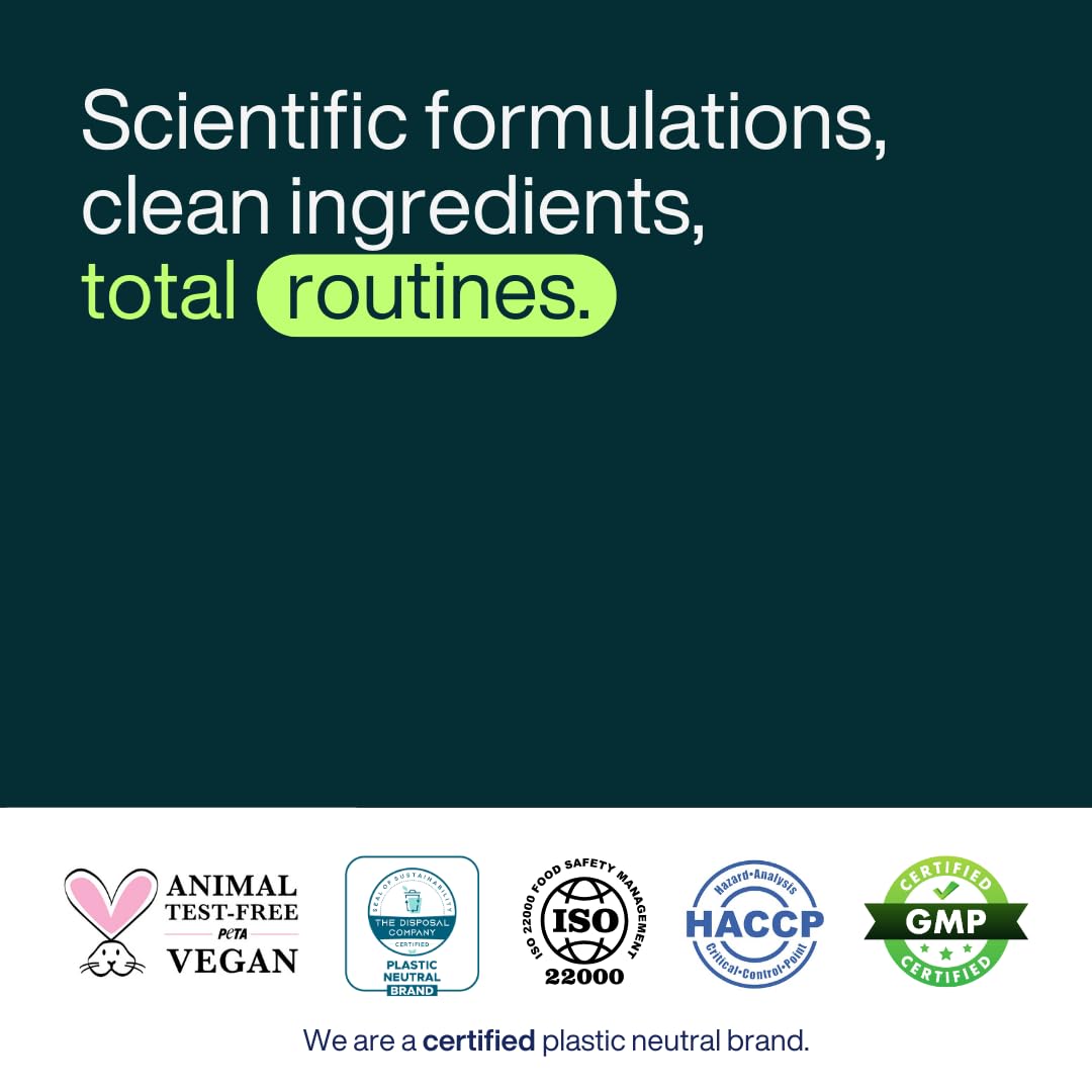 Promotional graphic with text 'Scientific formulations, clean ingredients, total routines.' and certification logos on a dark green background.