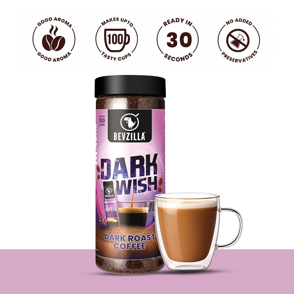 Bevzilla Black Roast (Dark Wish) Strong Coffee Powder - 200g | Make 100 Cups | Arabica Coffee Powder | Bold & Intense | Best for Espresso, Cappuccino, Latte | Hot & Cold Brew Ready