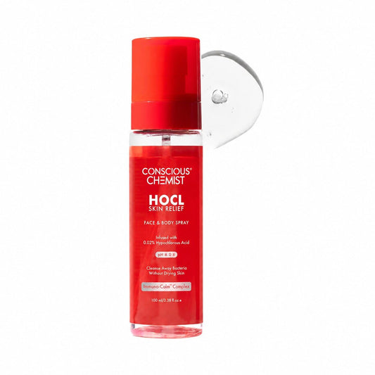 Red bottle of Conscious Chemist HOCL Skin Relief Face & Body Spray on a white background
