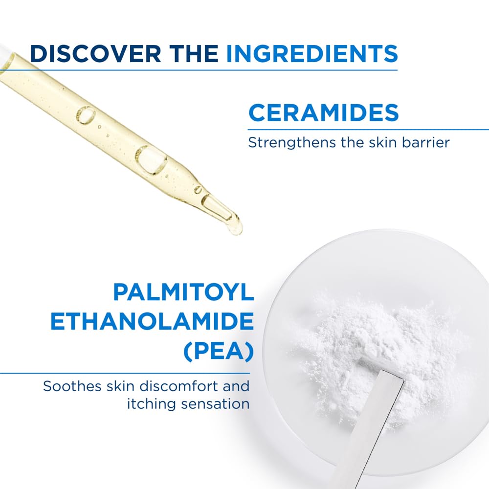 Skincare product with ingredients Ceramides and Palmitoyl Ethanolamide (PEA) on a white background.