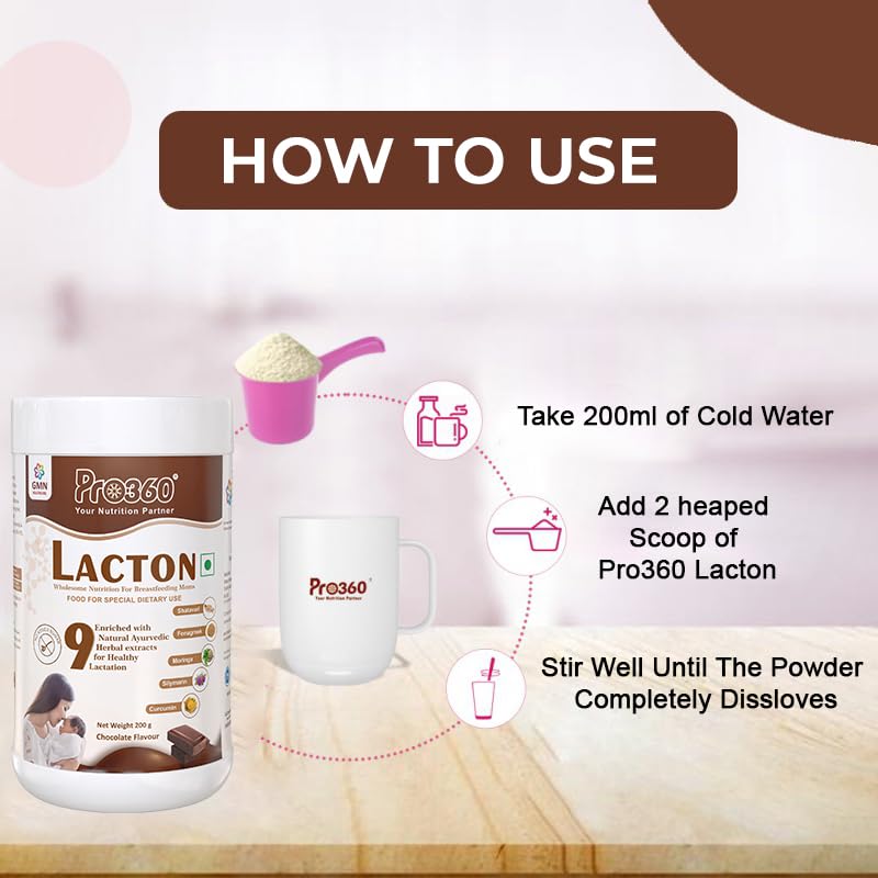 Pro360 Lacton Protein Powder for Breastfeeding, Lactating Women - Lactation Support Supplement for Mother with Herbal Extracts - Helps to Increase Breast Milk Supply - Chocolate Flavor, 200g