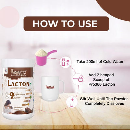Pro360 Lacton Protein Powder for Breastfeeding, Lactating Women - Lactation Support Supplement for Mother with Herbal Extracts - Helps to Increase Breast Milk Supply - Chocolate Flavor, 200g