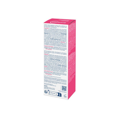 Pink and white product packaging with text on a white background