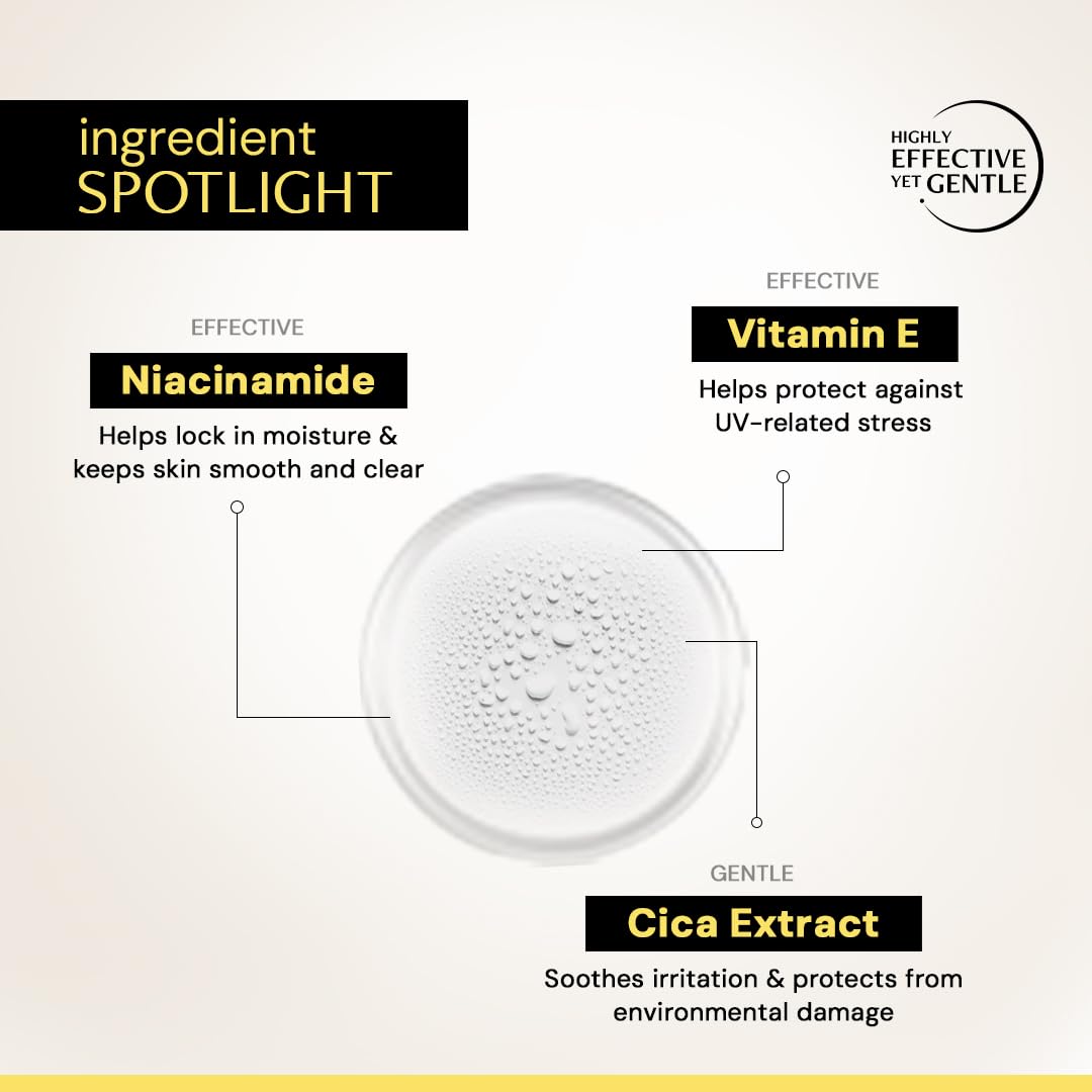 Product packaging with ingredient spotlight on Niacinamide, Vitamin E, and Cica Extract.