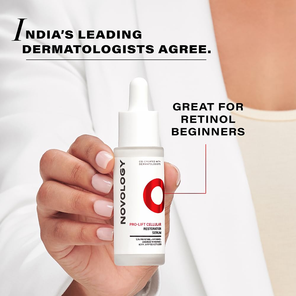 Hand holding a Novology serum bottle with text about dermatologists' agreement and suitability for retinol beginners.