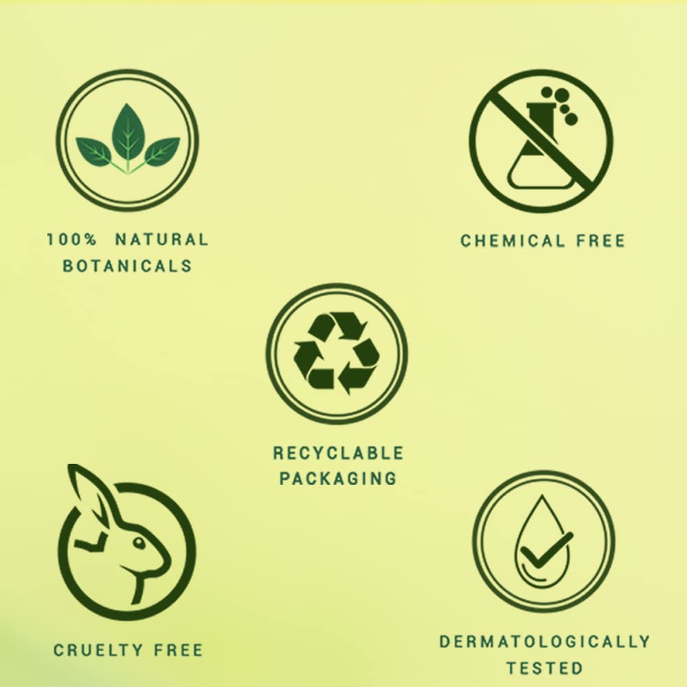 Set of green icons representing natural, chemical-free, recyclable packaging, cruelty-free, and dermatologically tested products on a light green background.