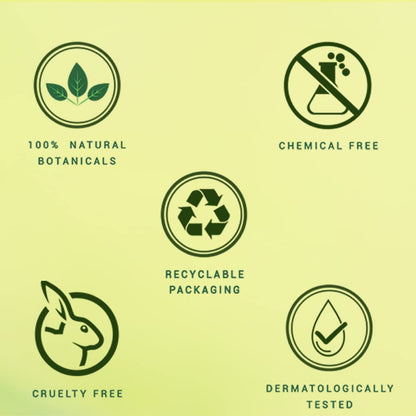 Set of green icons representing natural, chemical-free, recyclable packaging, cruelty-free, and dermatologically tested products on a light green background.
