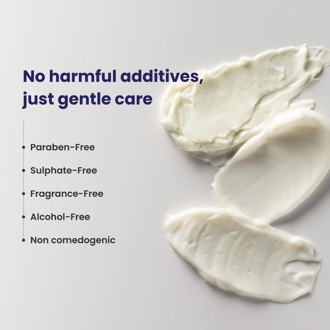 White cream swatches on a light gray background with text about product benefits.