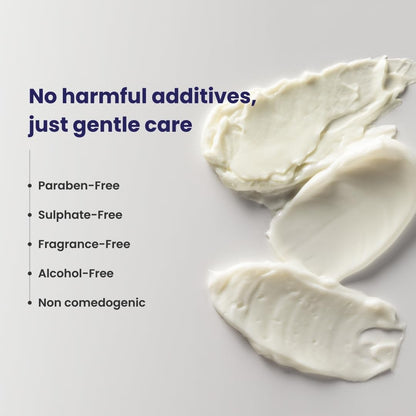 White cream swatches on a light gray background with text about product benefits.