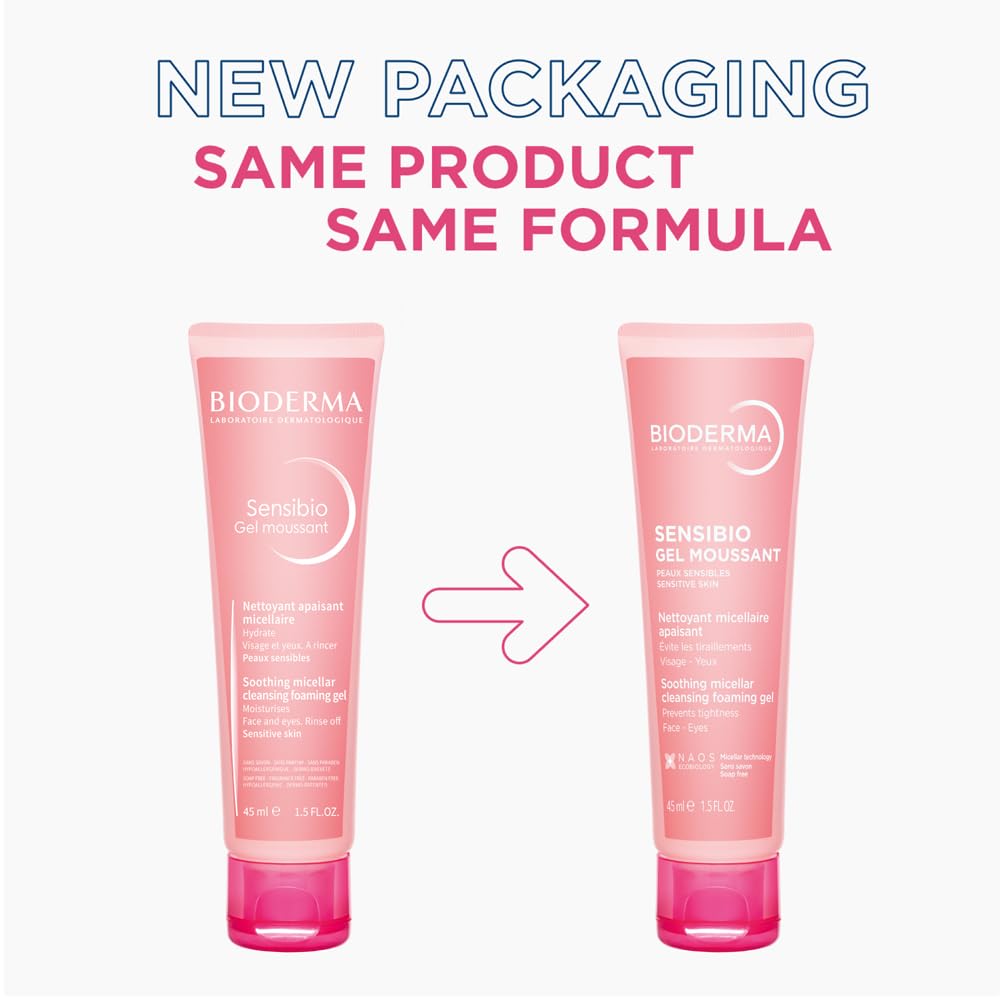 Two tubes of Bioderma Sensibio gel on a white background with text about new packaging.