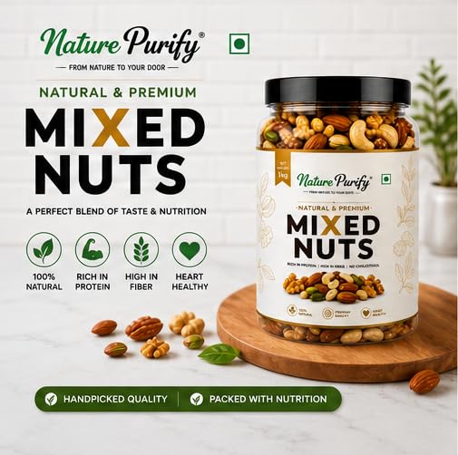 Nature Purify Premium Mix Dry Fruits | Almonds, Cashews, Kishmish, Apricots & Seeds Mix | Fresh Crunchy Nut & Fruit Combo Pack for Snacking & Gifting | Jar Pack Of 1