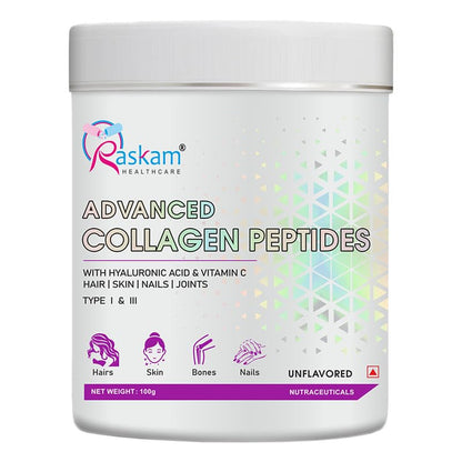 Container of Raskam Advanced Collagen Peptides on a white background