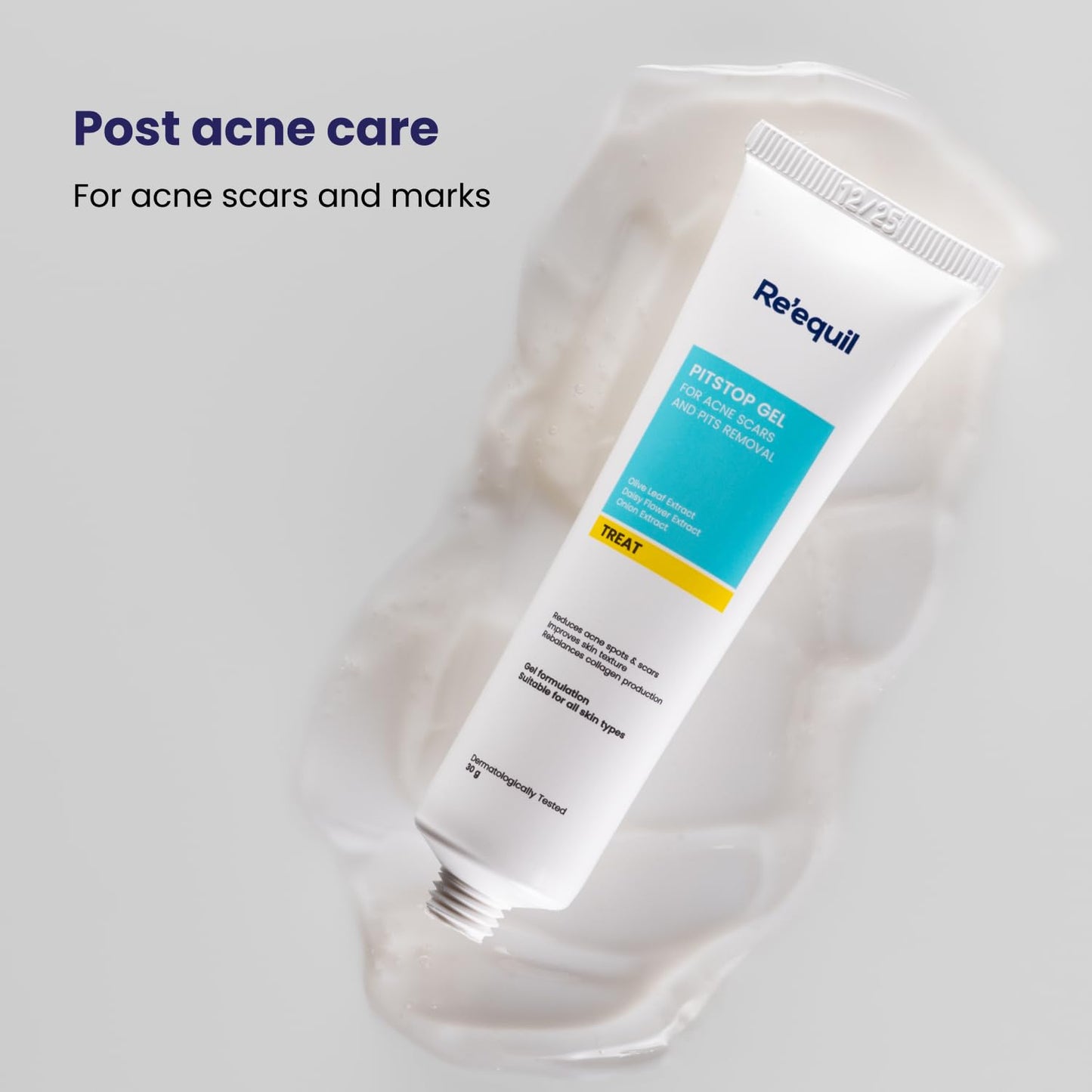Tube of Retequil Intense Gel for post-acne care on a light gray background