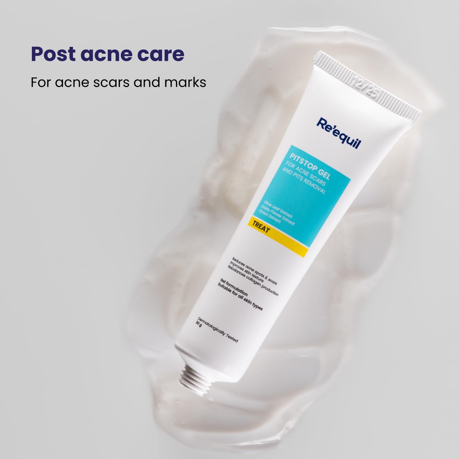 Tube of Retequil Intense Gel for post-acne care on a light gray background