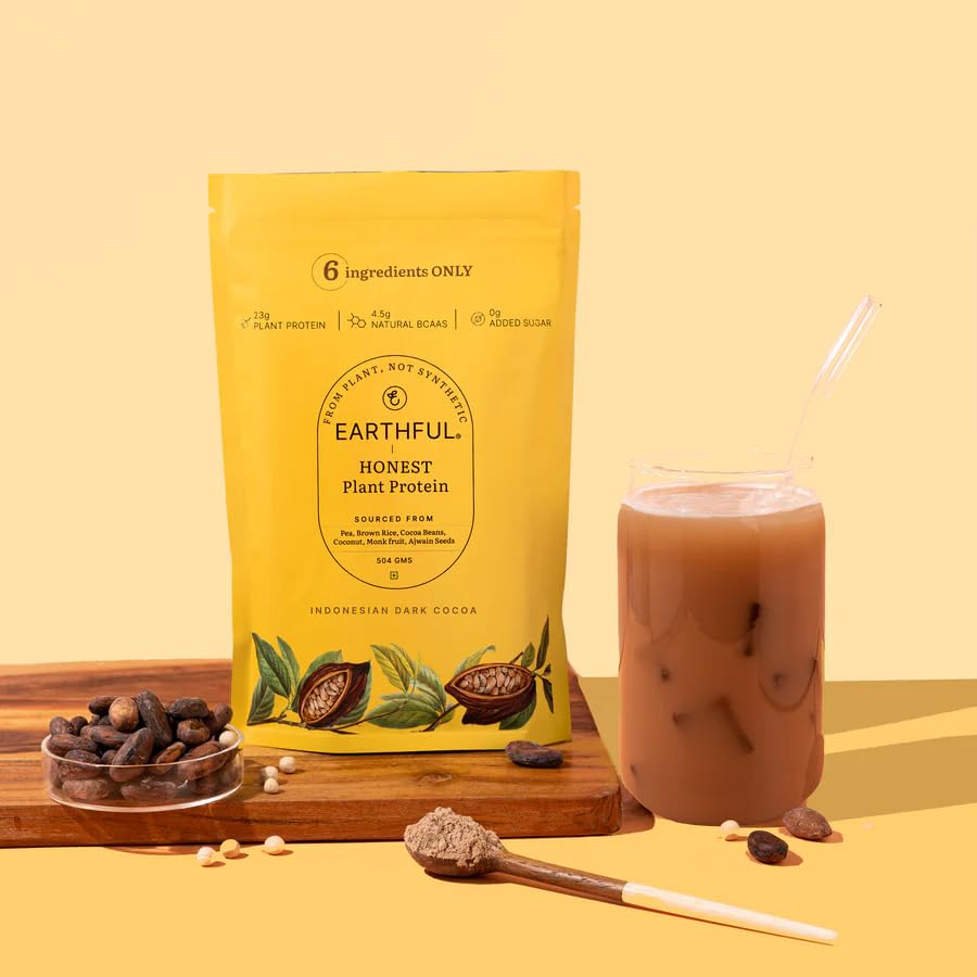 Zephivo Earthful Honest Plant Protein | 24g Protein/Serving & 4.9g BCCAs | For Weight Management, Energy, Muscle Support & Recovery | Made with Pea & Brown Rice | Indonesian Cocoa - 504g