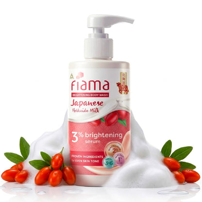 Fiama 3% Brightening Serum Body Wash 250ml | 2% Niacinamide, 1% Glycolic Acid, Omega 3 & 6 Fatty Acids Shower Gel, Fights Dullness & Evens Skin tone | Exotic Japanese Hokkaido Milk, Raspberry Smoothie Fragrance