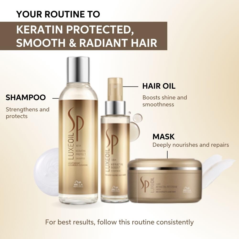 Wella SP Luxe Oil hair care products with shampoo, hair oil, and mask on a beige background.