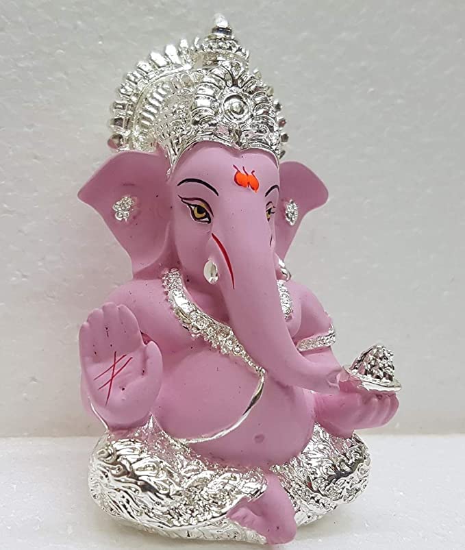 Gold Art India Gold and Silver Plated Ganesh Idol for Car Dashboard Ganesha Murti Ganpati Idol for Home Decor Puja Lord Ganesh Statue Gift for Office Desk Puja Room Figurine (Silver Pink)