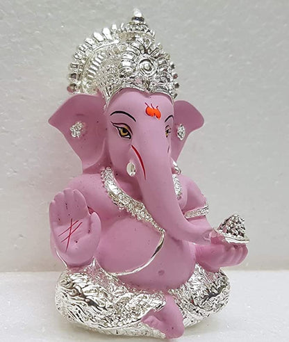Gold Art India Gold and Silver Plated Ganesh Idol for Car Dashboard Ganesha Murti Ganpati Idol for Home Decor Puja Lord Ganesh Statue Gift for Office Desk Puja Room Figurine (Silver Pink)