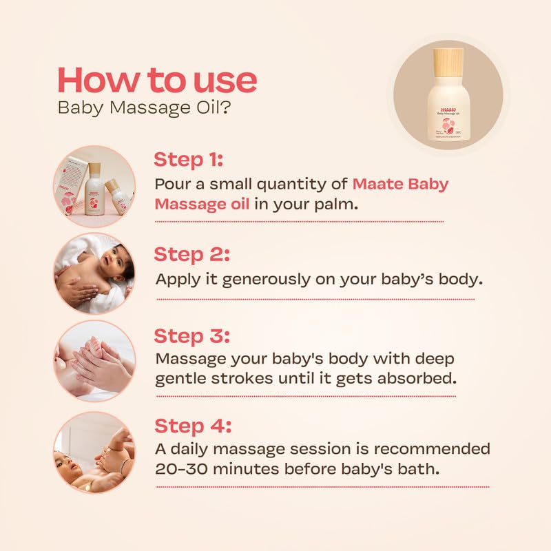 Maate Baby Massage Oil 50ml | For Newborn & Kids 0-12yr | Enriched With Brahmi, Noni & Pomegranate Seed | Light & Non-Sticky | Gentle on Baby's Skin | Cruelty-Free