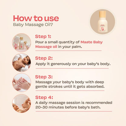 Maate Baby Massage Oil 50ml | For Newborn & Kids 0-12yr | Enriched With Brahmi, Noni & Pomegranate Seed | Light & Non-Sticky | Gentle on Baby's Skin | Cruelty-Free