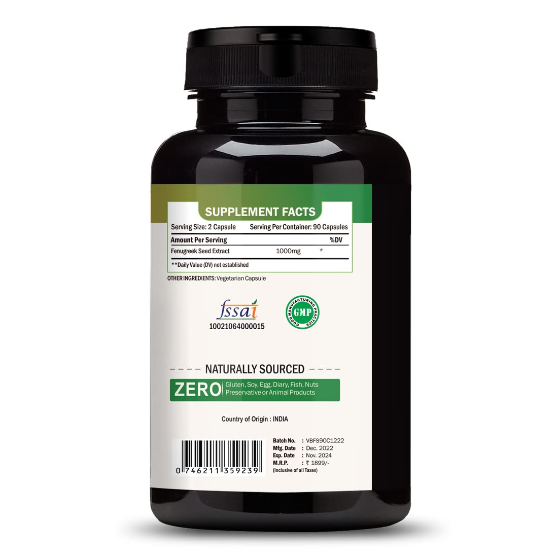 Black supplement bottle with green label on a white background