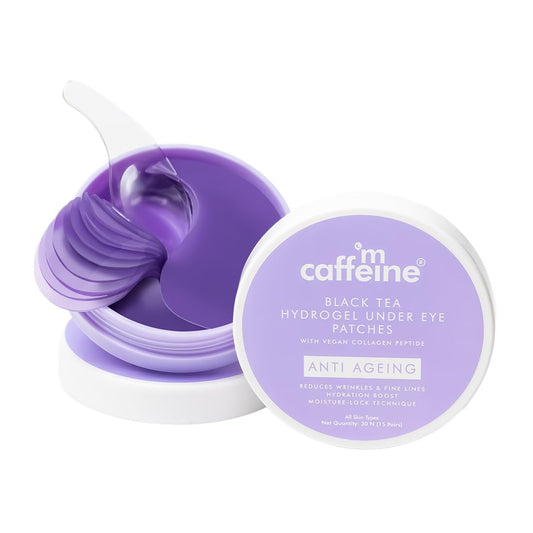 Caffeine brand black tea hydrogel under eye patches in a purple container on a white background