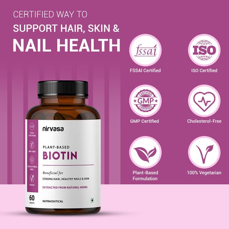 Nirvasa Plant-Based Biotin Tablets (60 Tabs) | Hair, Skin & Nail Support | Hair Fall Control, Glowing Skin, Stronger Nails | Improve Energy, Strength & Overall Health | For Men & Women