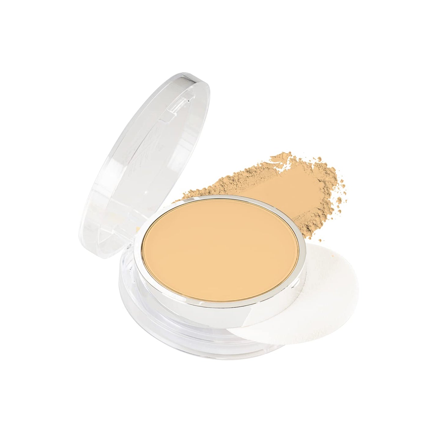 Open compact powder case with beige powder on a white background