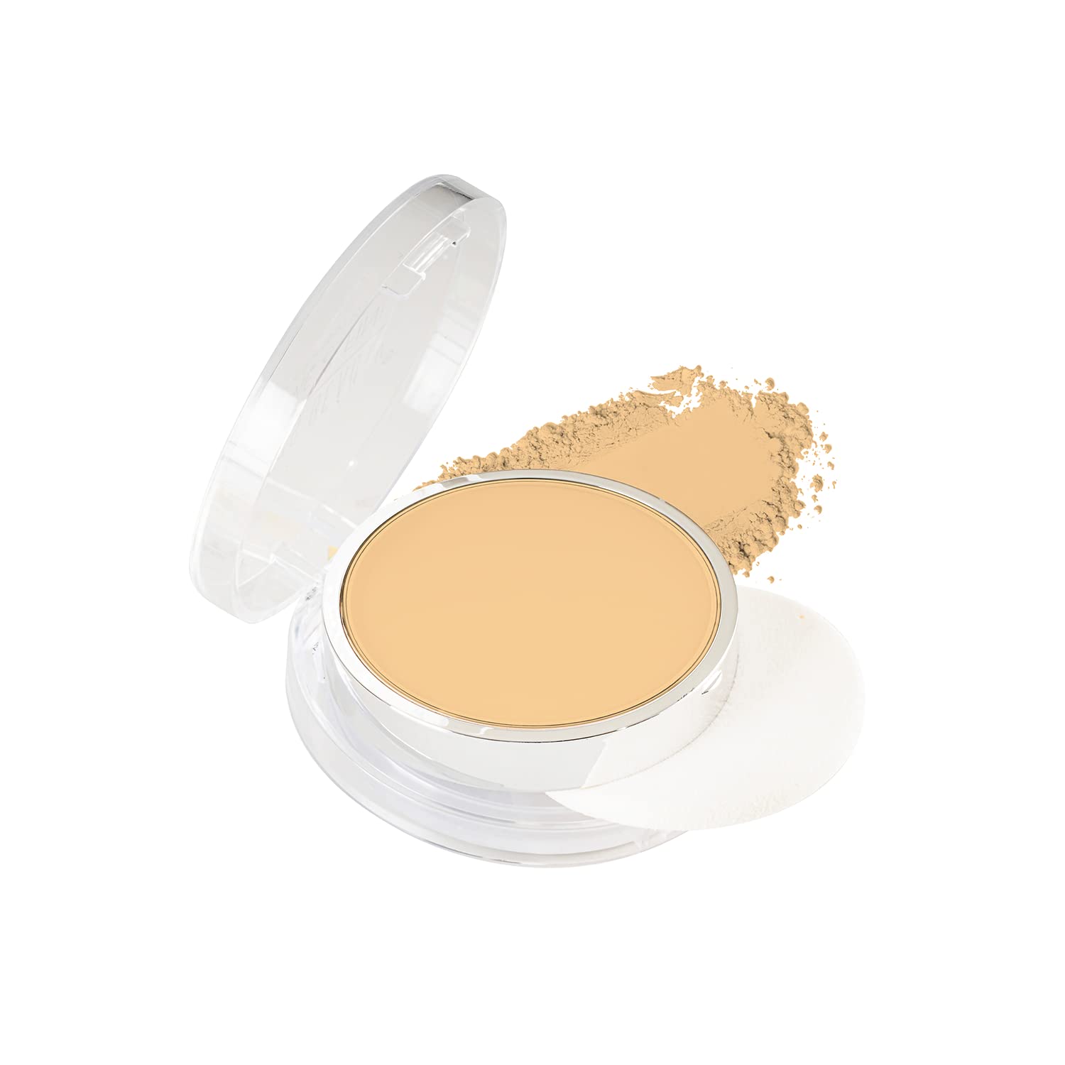 Open compact powder case with beige powder on a white background