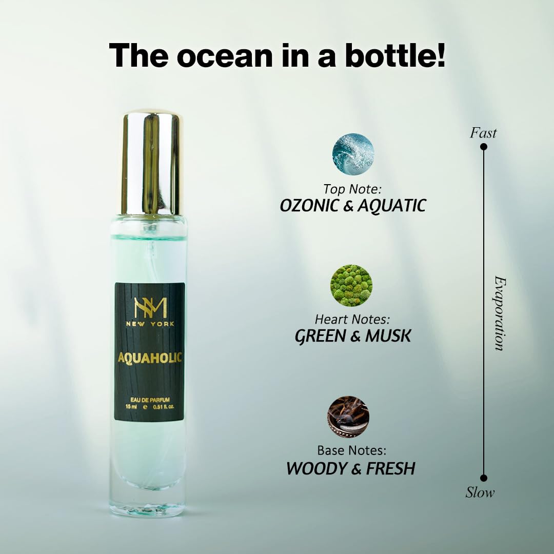 Perfume bottle with flavor notes and evaporation rate on a gray background