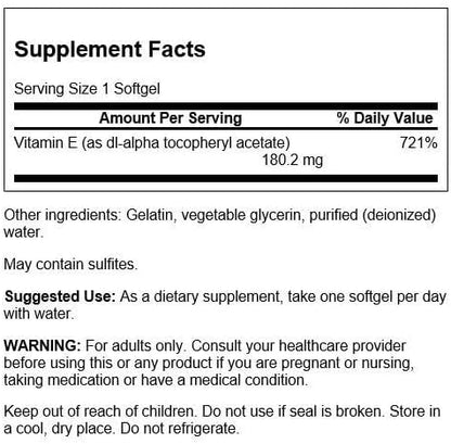 Supplement facts label for a vitamin E supplement with serving size, amount per serving, and other details.