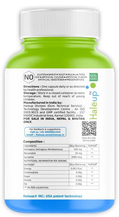 Haleup Astragalus 500 mg || 60 capsules || Enriched with Resveratrol & Lycopene || Heart & Immune Support || Researched in USA (Pack of 1, 60)
