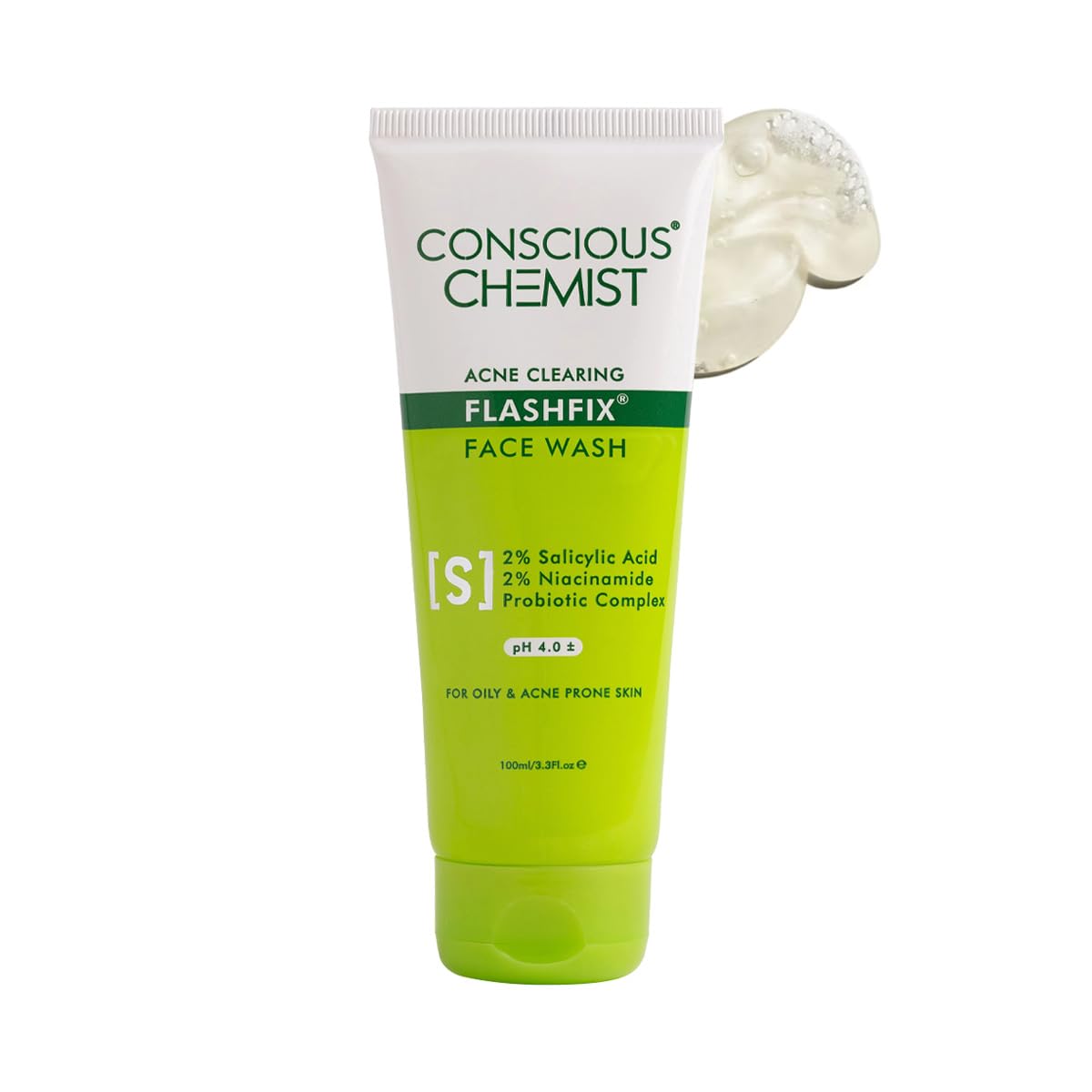 Tube of Conscious Chemist Acne Clearing Flashfix Face Wash with a white cap on a white background