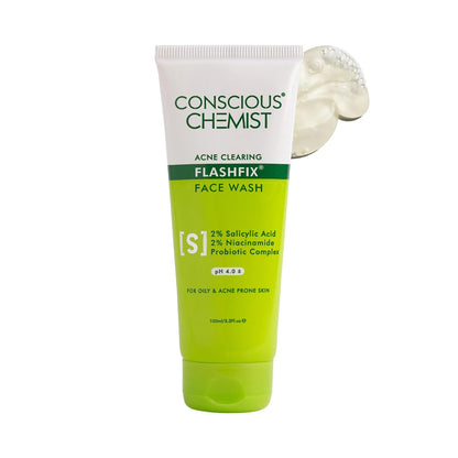 Tube of Conscious Chemist Acne Clearing Flashfix Face Wash with a white cap on a white background