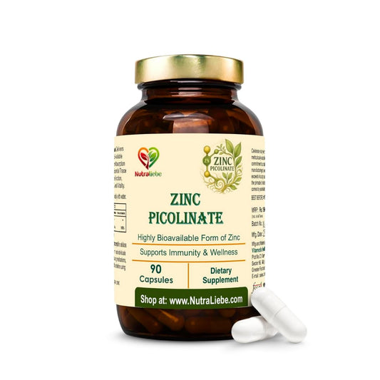 Nutraliebe Zinc Picolinate – High Absorption Chelated Zinc Supplement – Immune Support, Skin & Cellular Wellness – Gentle on Stomach – 90 Vegetarian Capsules