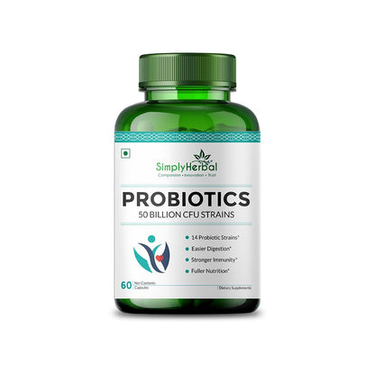 Green probiotics bottle with 'SimplyHerbal' label on a white background