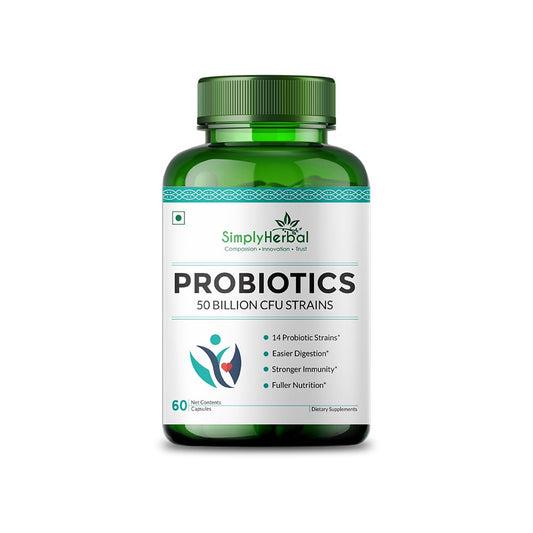 Green probiotics bottle with 'SimplyHerbal' label on a white background