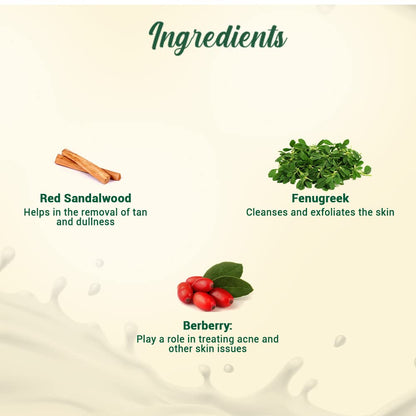 Ingredients list with Red Sandalwood, Fenugreek, and Berberry on a beige background